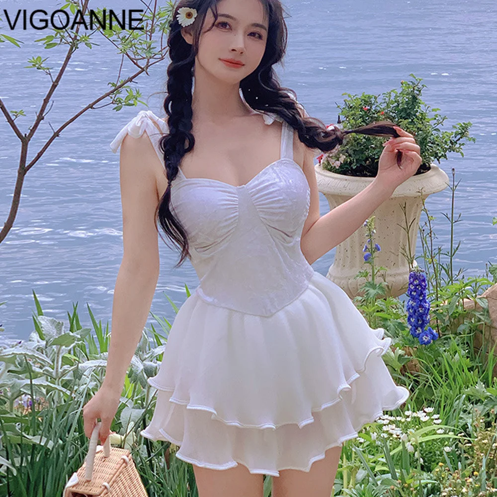 VigoAnne White Mesh Dress Swimwear Women 2025 Sexy Strapped Push Up One Piece Swimsuit Korean Monokini Backless Bathing Suit