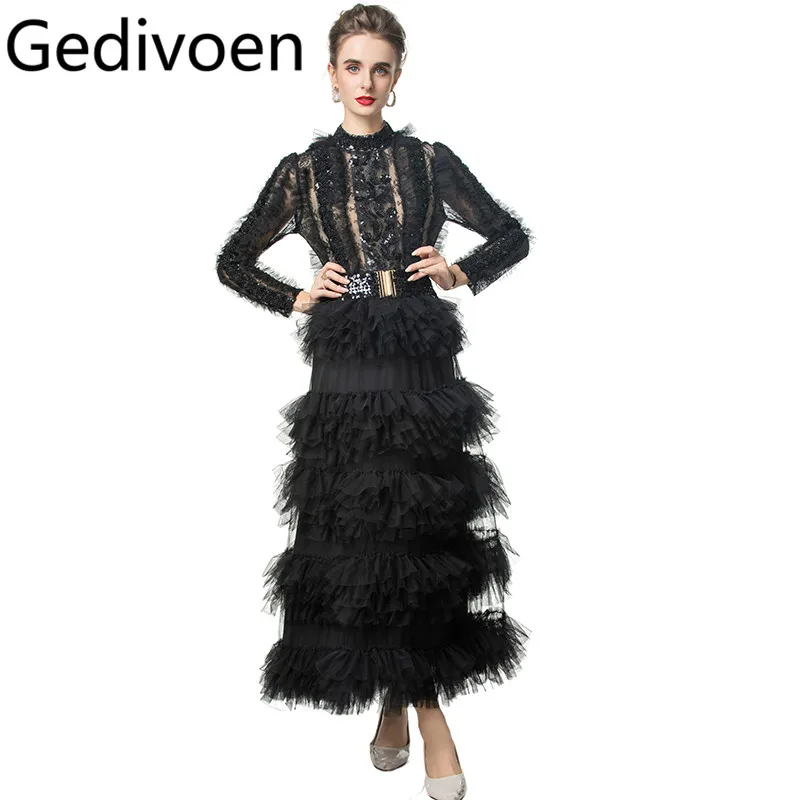 Gedivoen vestido feminino de malha com lantejoulas e miçangas, manga comprida, babados em camadas, nova moda, vestido de baile grande com cinto