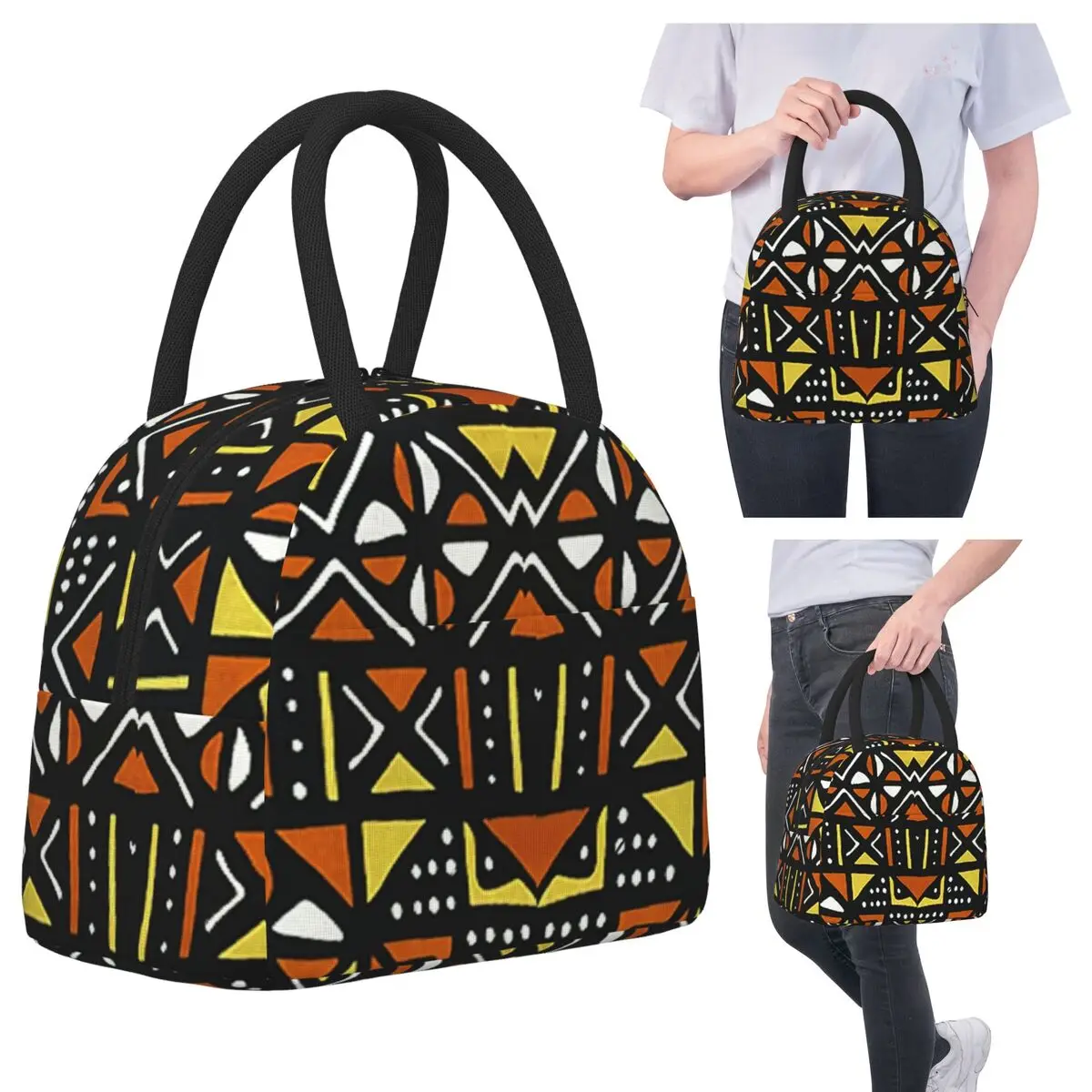 

African Bogolan Mudcloth Pattern Insulated Lunch Bag for Women Office Cooler Thermal Food Box Tote Portable Lunch Boxes