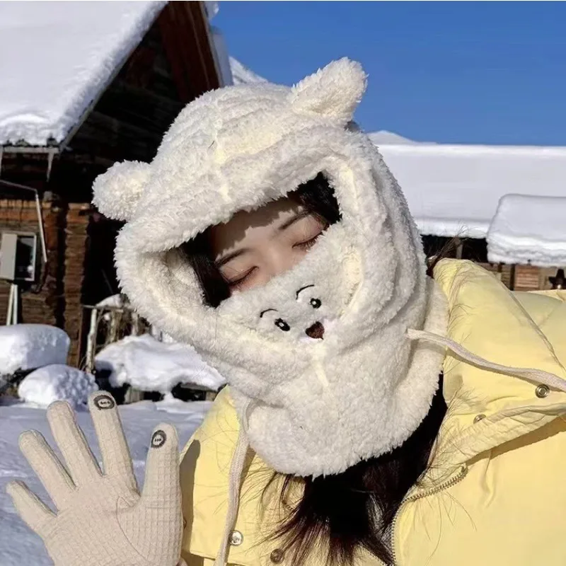 Bear hat, scarf, integrated female winter thickened warm Korean version versatile winter cycling mask ear protection