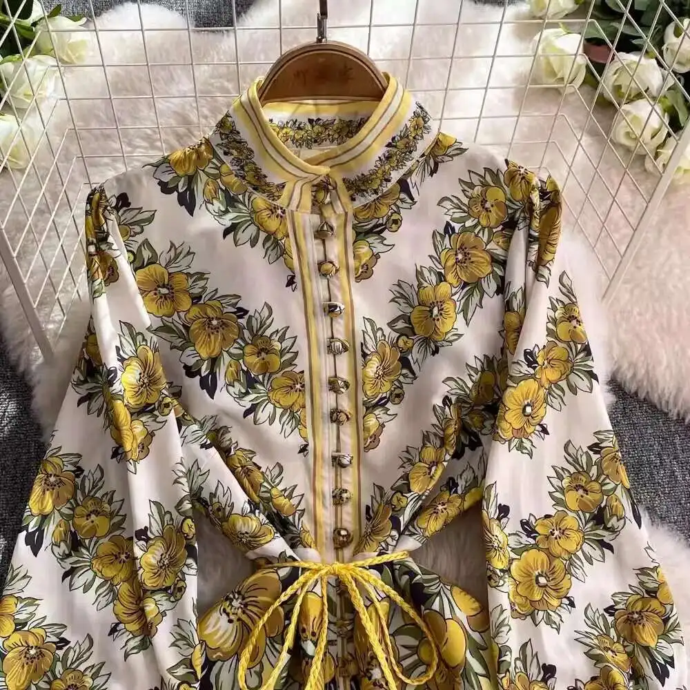 Runway Autumn Floral Linen Short Dress Women Clothing Single Breasted Long Lantern Sleeve Belt Ruffles Holiday Party Vestidos