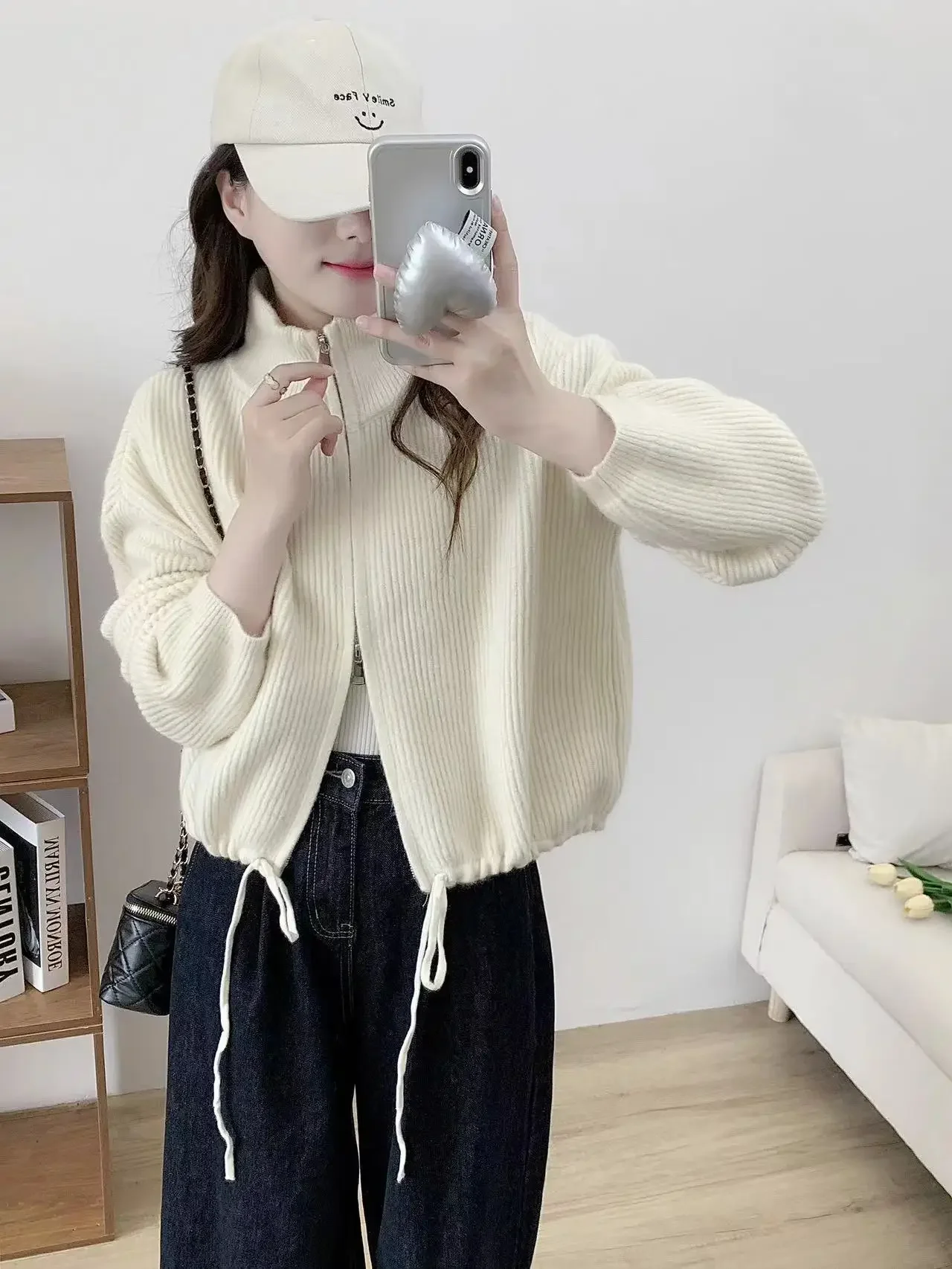 2024 Autumn Winter New Sweater Female Korean Double Zipper Design Sense of Knitted Cardigan Fashion Soft Waxy Drawstring Coat