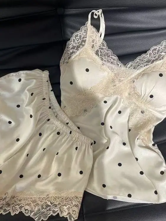 Polka Dot Summer Fashion Sexy Cute Home Clothes Set Women's Strap Sleepwear with Chest Pad Lace Trim Short Sleeve V-Neck