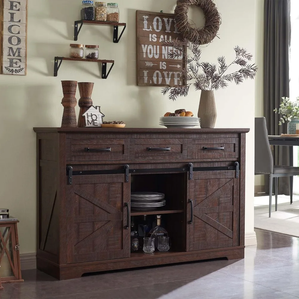 

Farmhouse Buffet Cabinet, 53” Sideboard Cabinet W/3 Drawer, Rustic Storage Cabinet W/Sliding Barn Door, Coffee Bar Cabinet