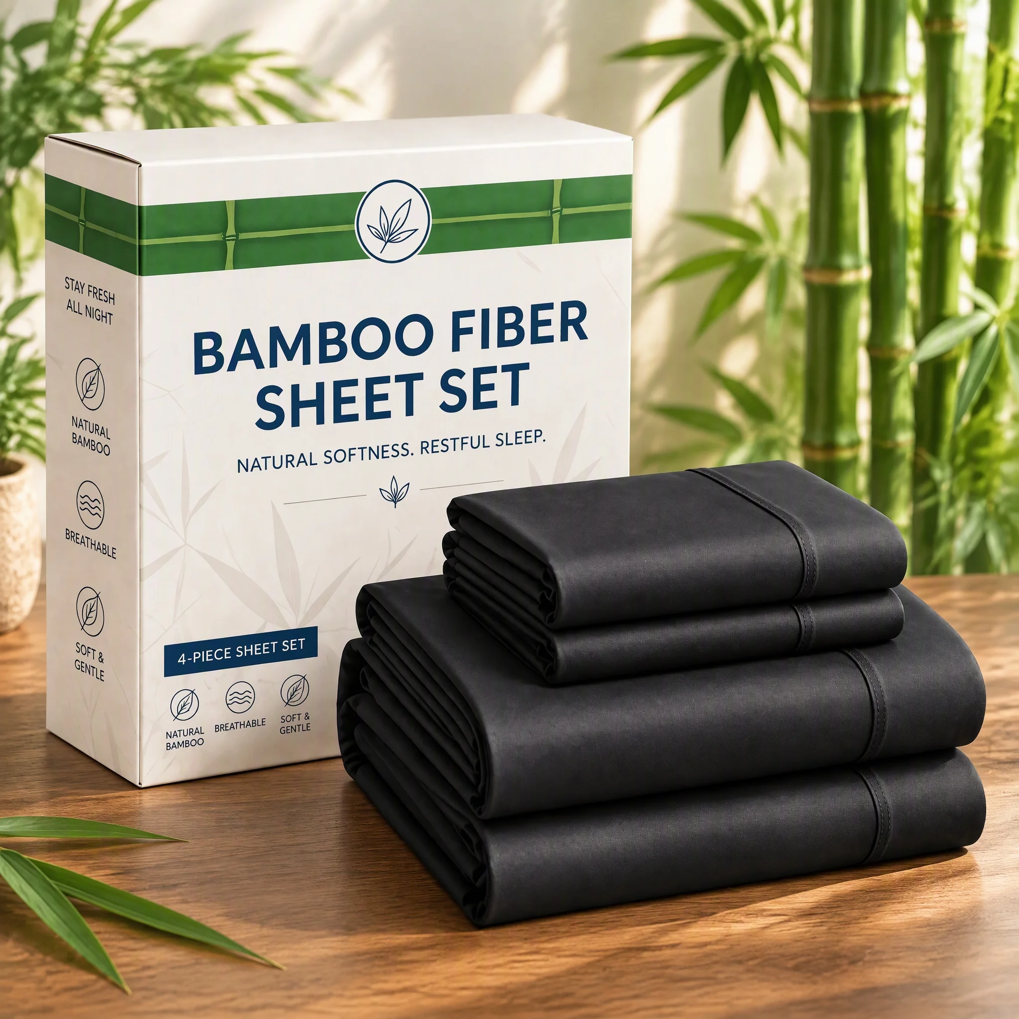 Extra Deep Pocket 4Pcs Bed Sheet Set, Breathable Cooling Bamboo Sheets, Hotel Luxury Fitted Sheet, Wrinkle-Free for Extra Deep Mattresses, Room Decor, Twin/Full/Queen/King Sizes