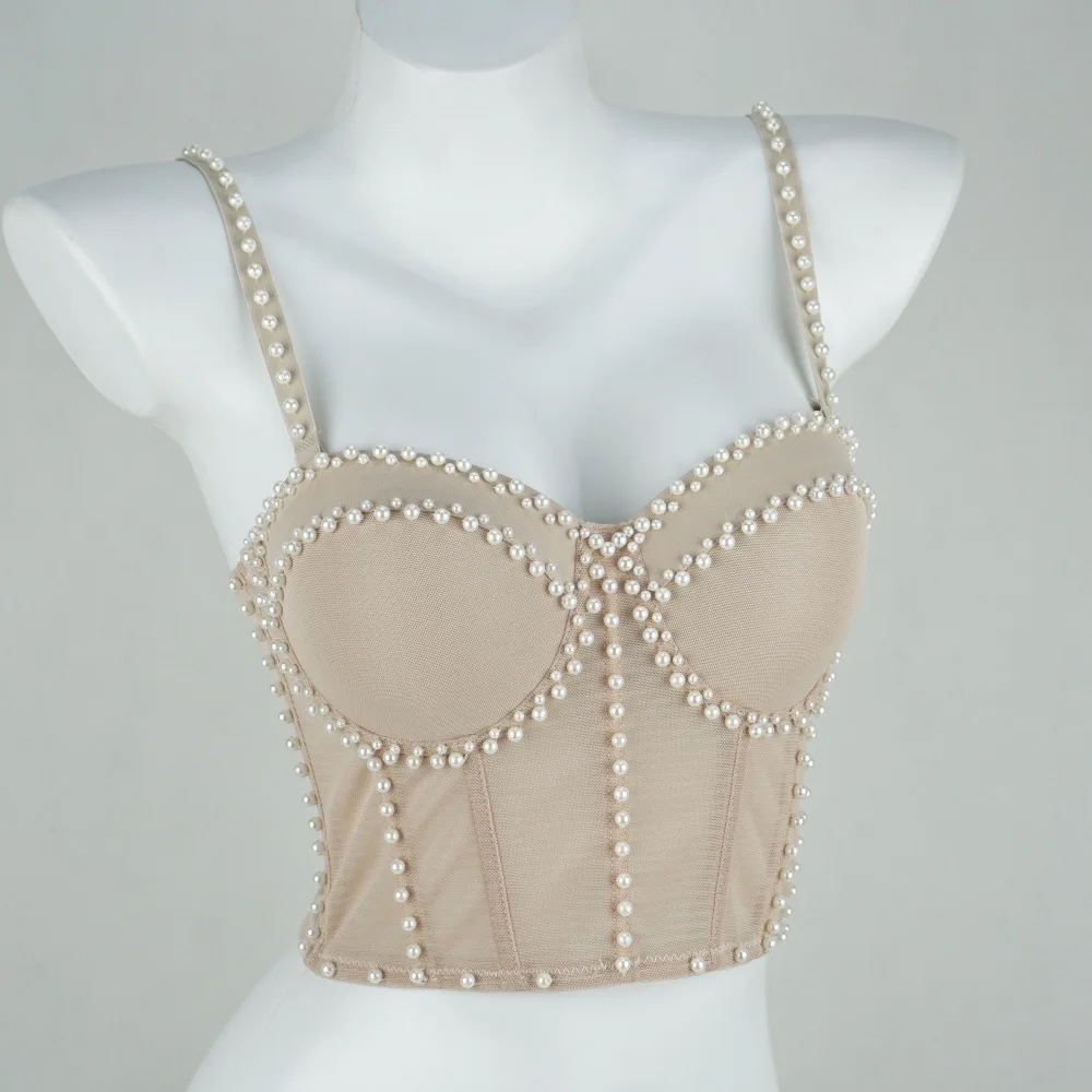 

Nightclub Sexy American Breathable Quick-Drying Mesh Tube Top Outer Wear Beaded Fishbone Wrapped Chest Backless Sling