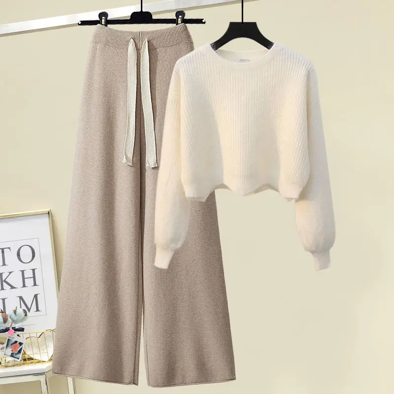 

Женский вязаный свитер и брюки с широкими штанинами, комплект из двух предметов, повседневный осенне-зимний модный комплект, удобный, дышащий, из хлопка