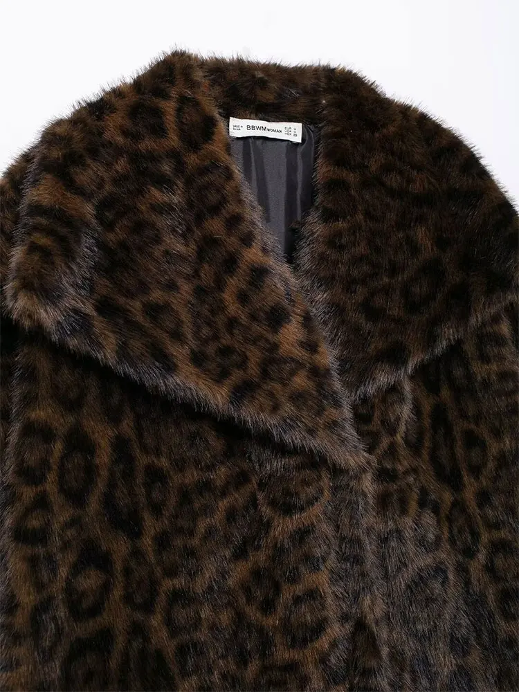 TRAF 2024 Winter Leopard Print Jacket Women Faux Fur Coat Loose Plush Fluffy New Outerwear Long Sleeve Thick Warm Coats