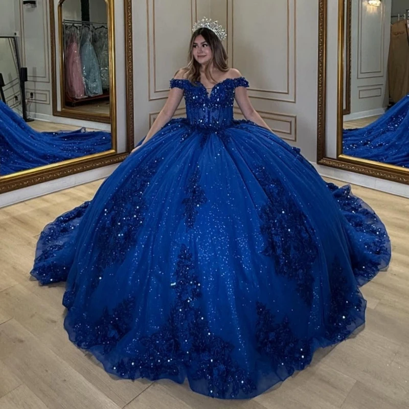 

Королевские синие блестящие платья Quinceanera с открытыми плечами и аппликацией, кружевное тюлевое платье с бисером и кристаллами для вечеринки, дня рождения, сладкое платье 16, Vestidos