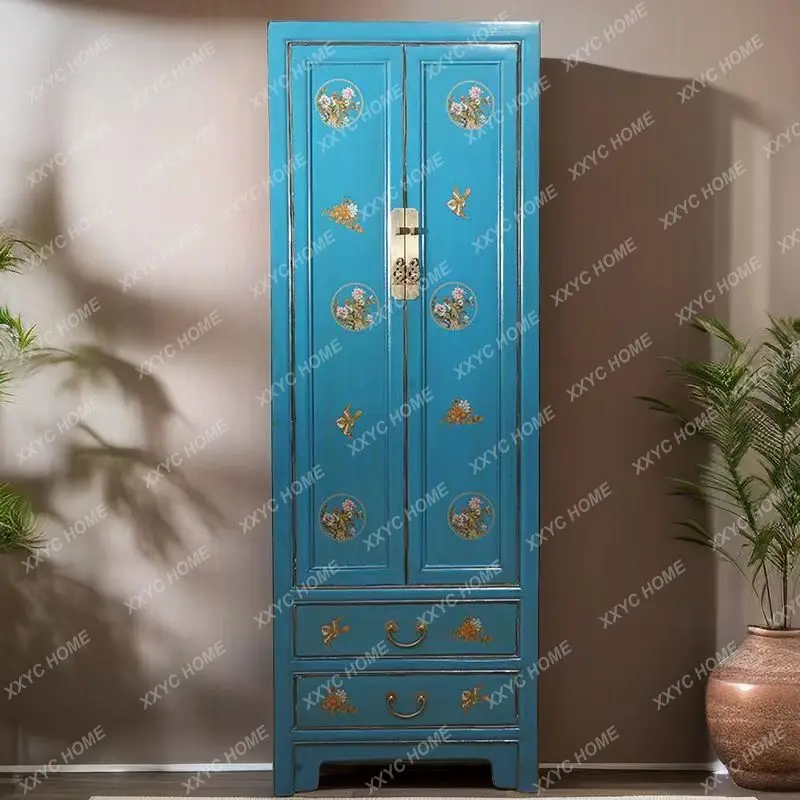 New Chinese hand-painted retro solid wood wardrobe Ming and Qing classical elm home storage storage wardrobe