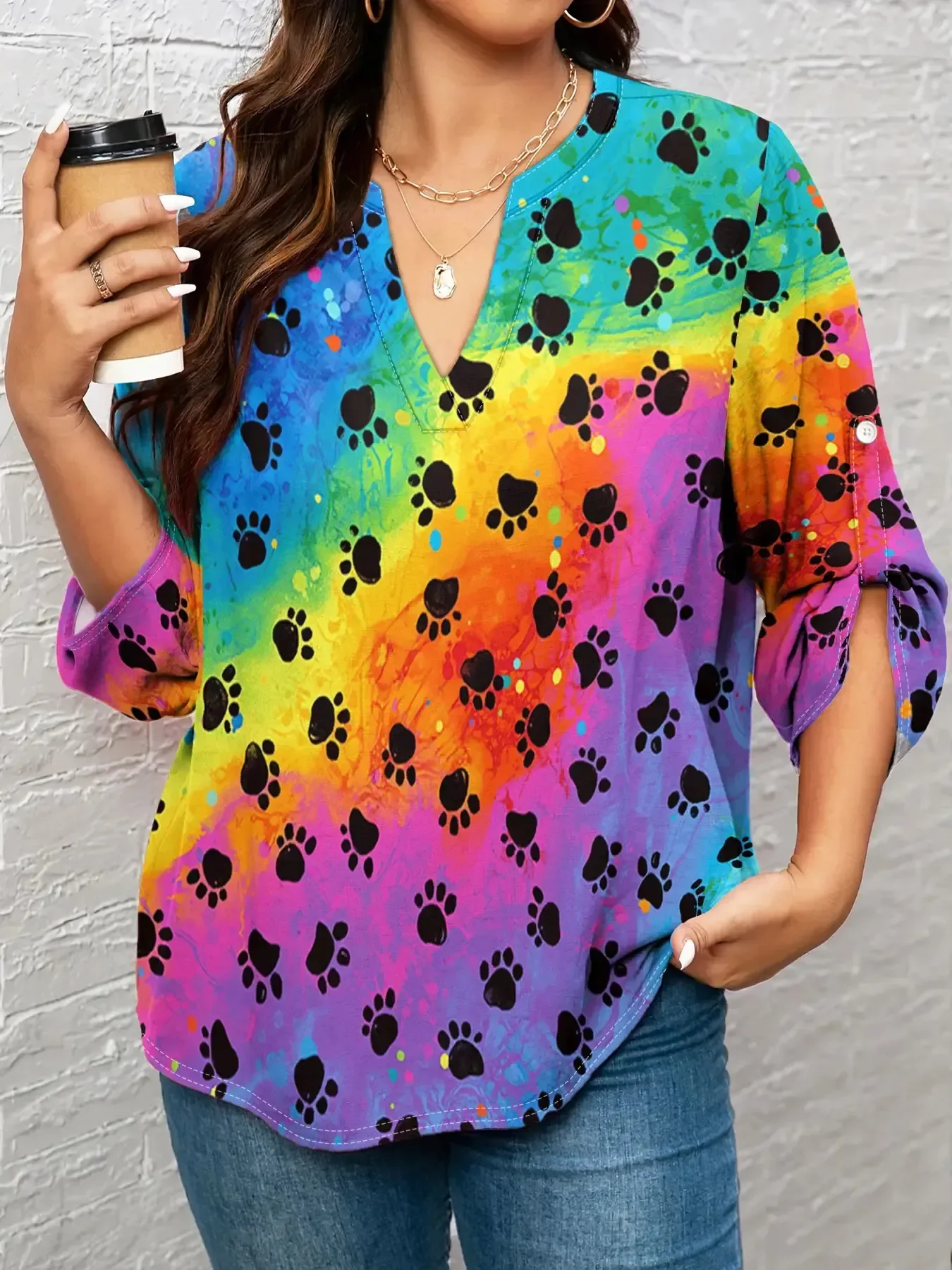 CLOOCL Colorful Paws Printed Women T-shirt V-neck Long Sleeved Shirts Oversized Streetwear Tops Women Plus Size Clothing