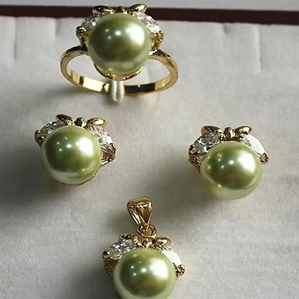 

fancy jewelry set 10mm green shell pearl,ring, pendant & stud earring