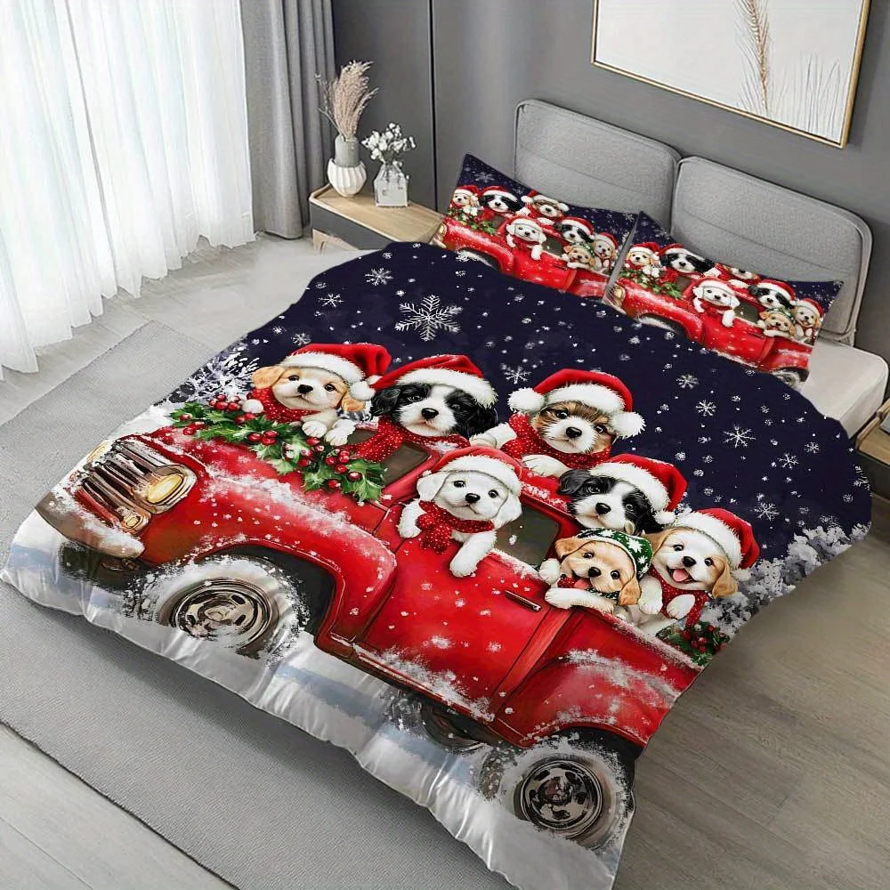 Christmas Duvet Cover Set Mocha La La Dog Red Truck Ultra Soft Brushed Bedding for Bedroom Hotel Dormitory