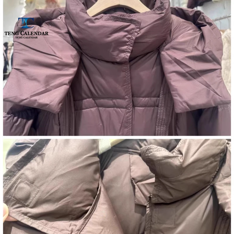 Puff ribbon duvet down jacket, medium length hooded thick Korean loose jacket, women's 2025 winter new style