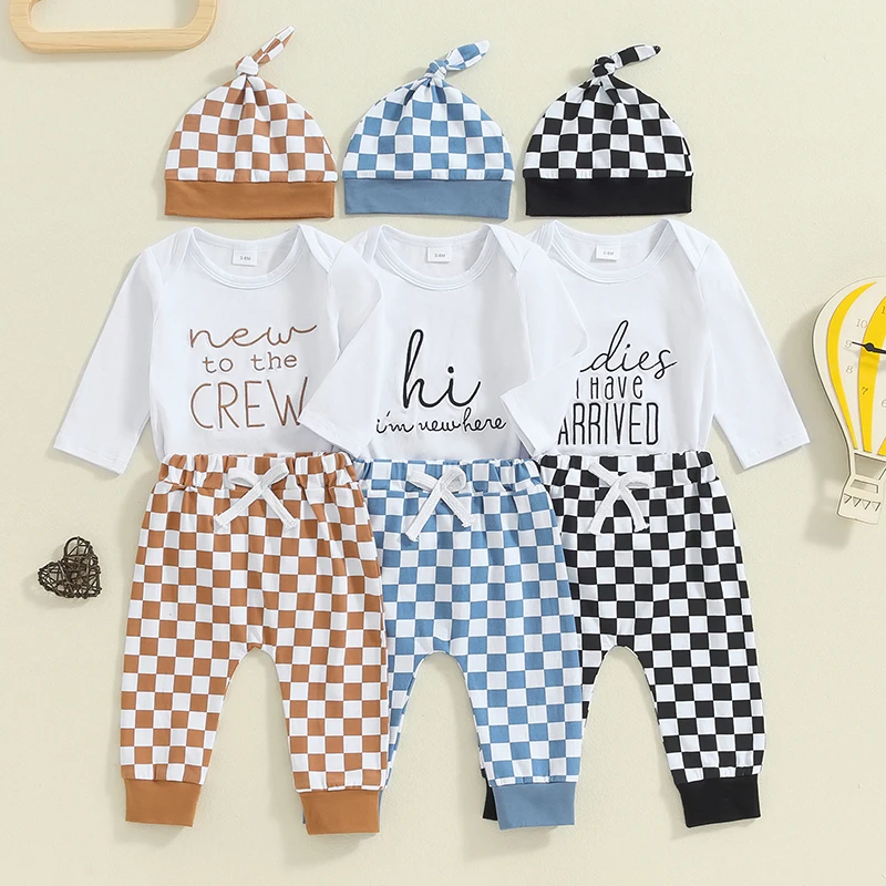 

2024-05-27 Lioraitiin Baby Boy Fall Outfit Letter Print Long Sleeve Romper and Elastic Checkerboard Pants Beanie Hat Spring Set