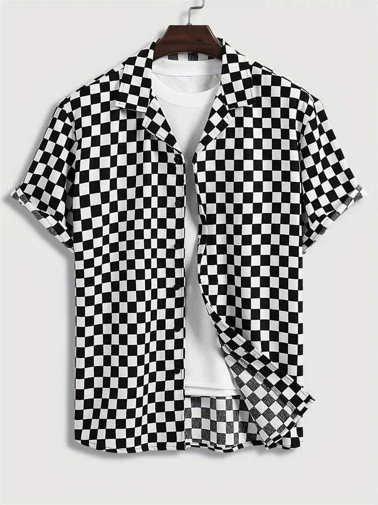 Hawaii Fashion Black And White Plaid Shirt Summer Simple Daily Men's And Women's Lapel Button Down Tops Oversized Cool Casual