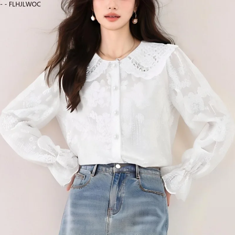 Podstawowe Koszule Bluzki Gorąca Wyprzedaż Jesień 2025 Damskie Eleganckie Koreański Styl Preppy Rozkloszowane Rękawy Kołnierzyk Peter Pan Biała Koszula na Guziki z Koronką