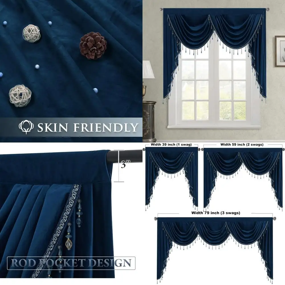 

Luxurious Navy Blue Velvet Swag Valance with Beads, 59 for Home, Bedroom, Living Room, and Office
