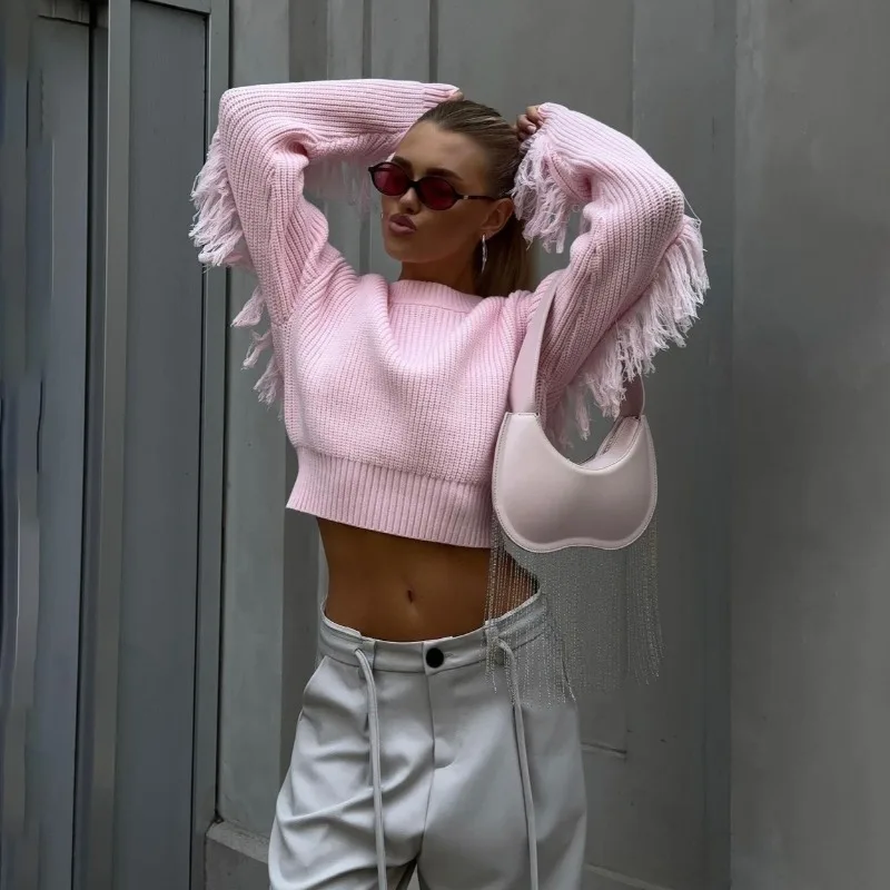 

High End Tassel Design Short Sweater for Women's Autumn Round Neck Long Sleeved Exposed Navel Knitted Top