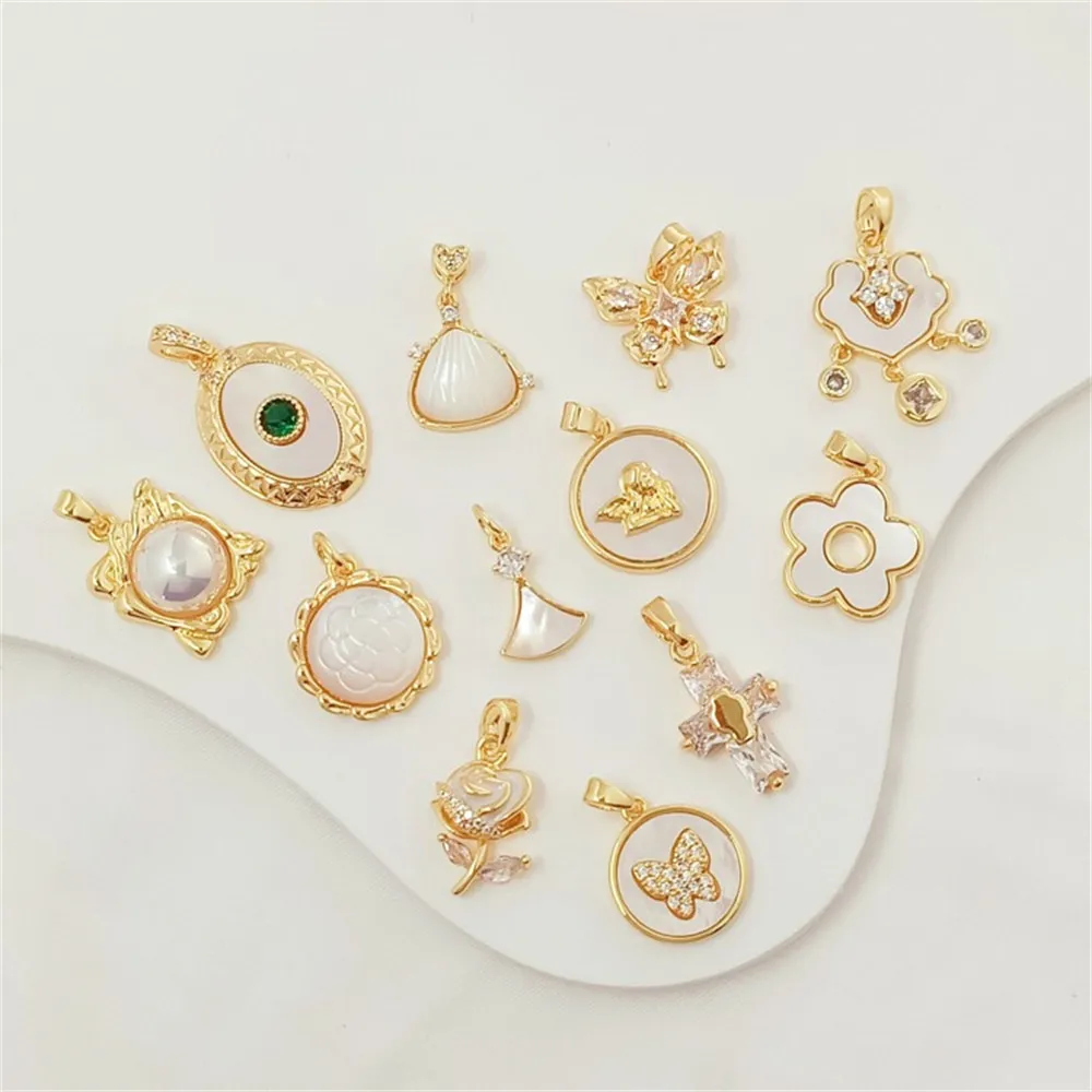 18K Gold-plated, Zirconium-inlaid, Mother-of-pearl, Sunflower, Scallop, Oval Butterfly Pendant, DIY Handmade Jewelry Accessory