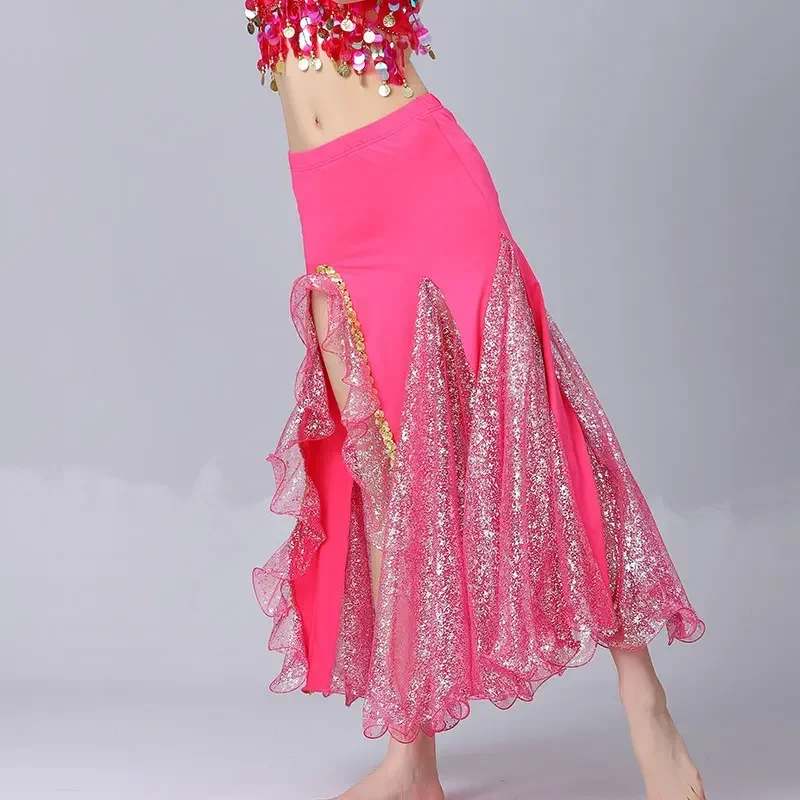 Women Sparkly Spilt Belly Dance Skirt Lady Sexy Ballroom Long Spanish Performance Stage Costume Oriental Dancing Practice Dress