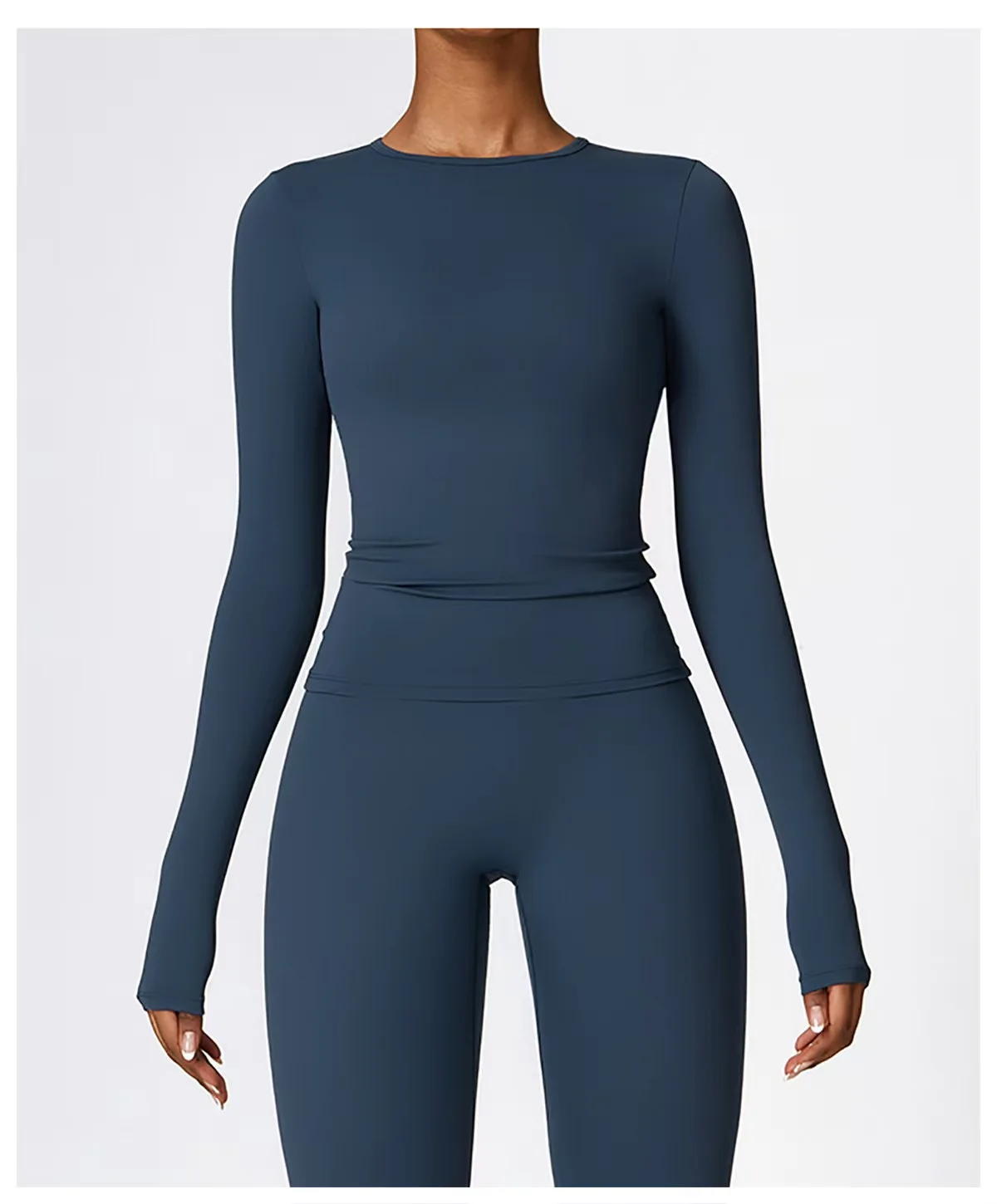 Conjunto de 2 piezas de Yoga azul sin costuras para mujer, ropa de entrenamiento para gimnasio, Top corto de manga larga, mallas de cintura alta, conjunto de ropa deportiva