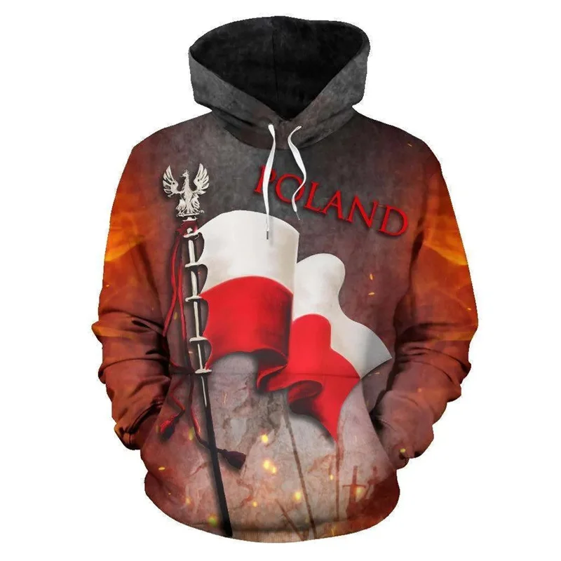 3D Printed Polish Flag Hoodie For Men National Emblem Pattern Sweatshirt Casual Street Pullover Loose Hoodies Long Sleeve Tops