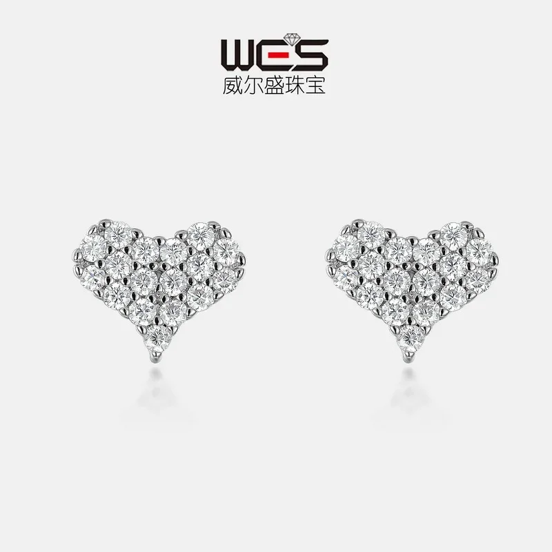 Heart-studded Dazzling Moissanite Earrings, 18K Gold PT950 Platinum Colored Treasure Earrings, Light Luxury and Versatile