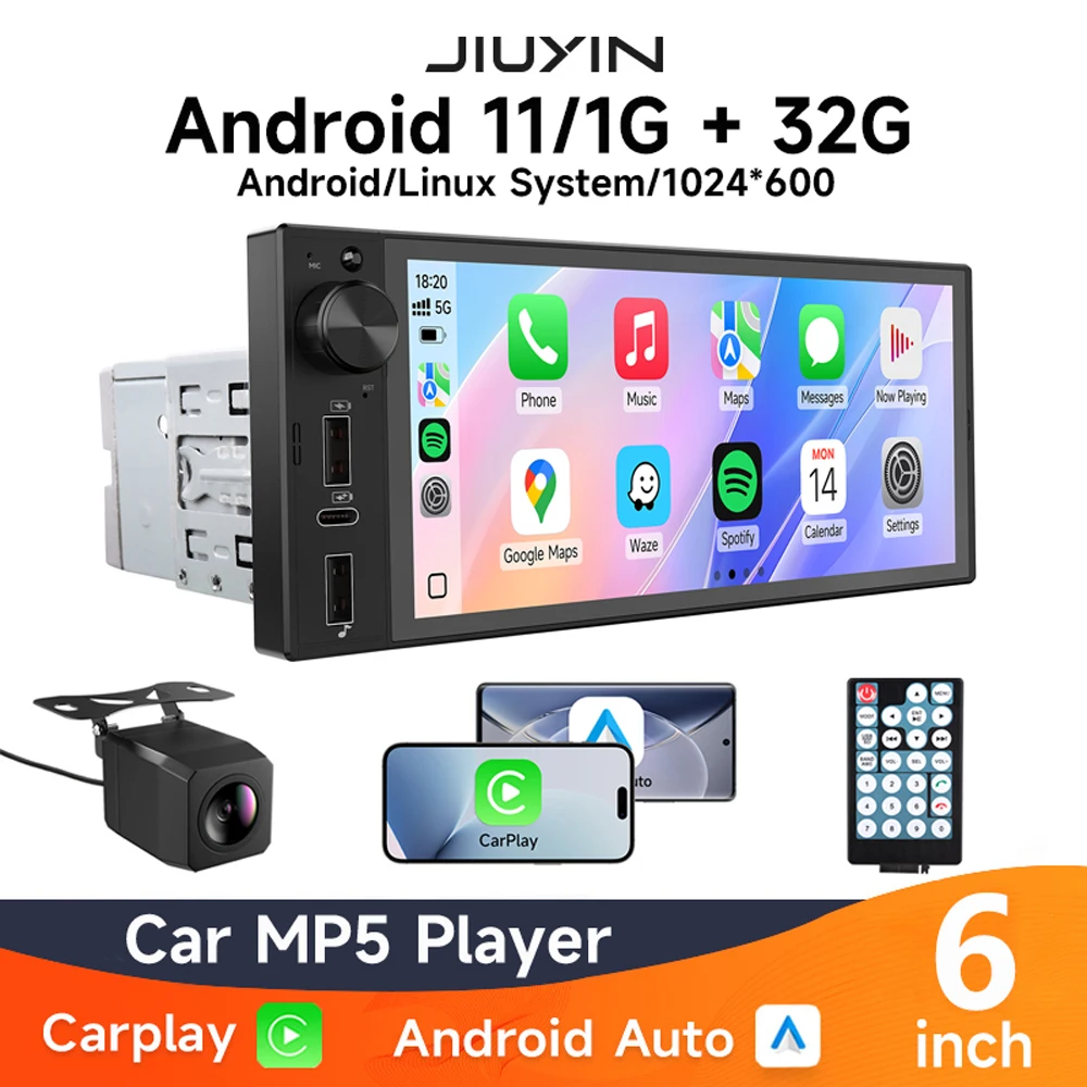 

Универсальный 6-дюймовый 1Din Android 11, автомобильный радиоприемник, мультимедийный плеер, MP5, FM-радио, беспроводной/проводной Carplay, Android, автомобильная стереосистема 1 din