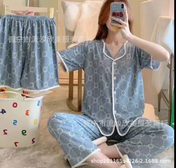 Women\'s Pajamas Three-piece Bows Pajamas Female Cartoon Short Sleeve Long Pants Lapel Loungewear Set Pajamas Female Home Wear