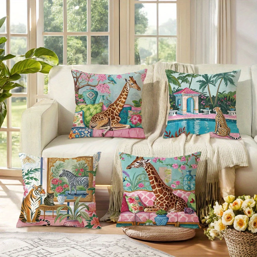 1/4pcs 2D Flat- Vintage Tropical Tiger & Zebra Art Decorative Throw Pillow Cover Home farmhouse outdoor decoration cushion cover
