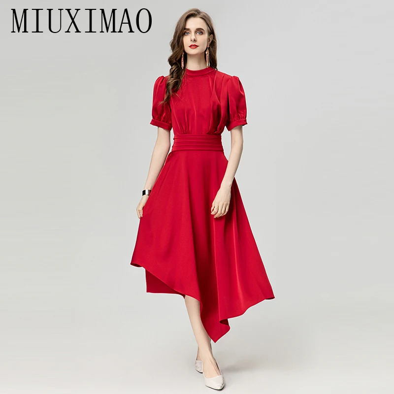 

MIUXIMAO 2024 Summer New Style Elegant Dress Women's O-Neck Short Sleeve Splice Irregularity Draped Travel Long Dress Vestides