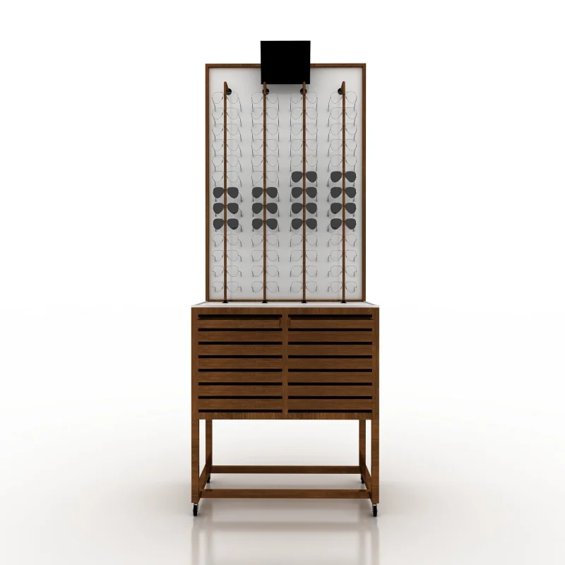 custom.Custom retail eyewear showcase design oak wood floor lenses optical shop display cabinet with wheel