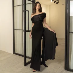 Elegant Satin Off the Shoulder Evening Dresses With Panel Train Pleated Backless Bodycon Wedding Party Gowns Women Dating Dress