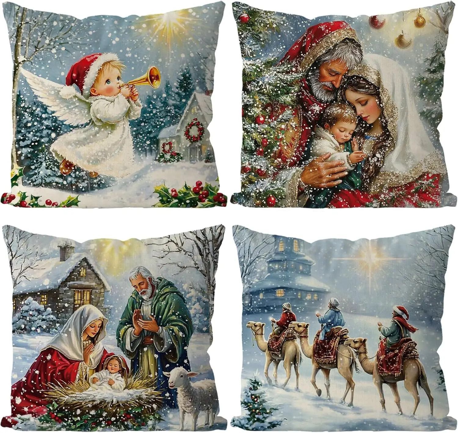 

Nativity Decor Xmas Vintage Farmhouse Throw Pillows Covers Home Sofa Living Room Decorative Cushion Case 16x16 Inch Set of 4