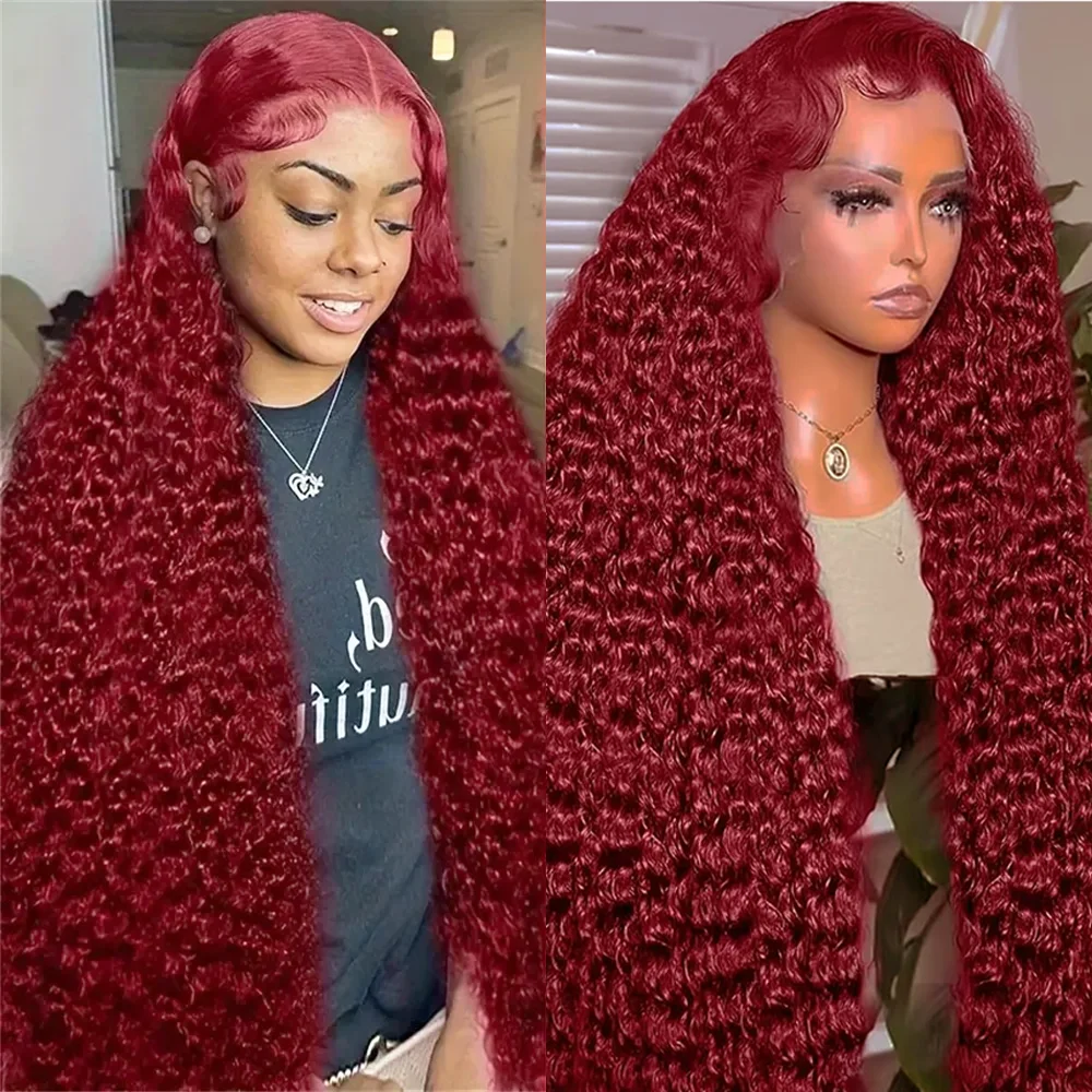 

46-дюймовый парик из натуральных волос 99J Burgundy с HD-кружевной фронтальной частью 13x6, красный, с прозрачным кружевом 13x4, кудрявый, глубокая волна