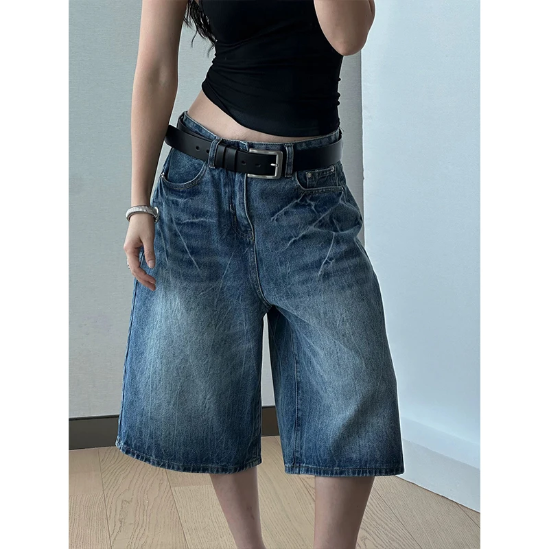 

Retro American Embroidered Washed Wide Leg Seven-Foot Pants Women Summer Loose Slim Straight Casual Jeans Natural Waist