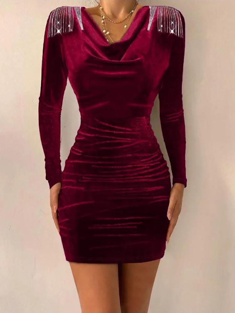 2025 New Year Lady Club Elegant Solid Dress V Neck Patchwork Chain Mini Casual Dress Chic Women Autumn Winter Streetwear Dress