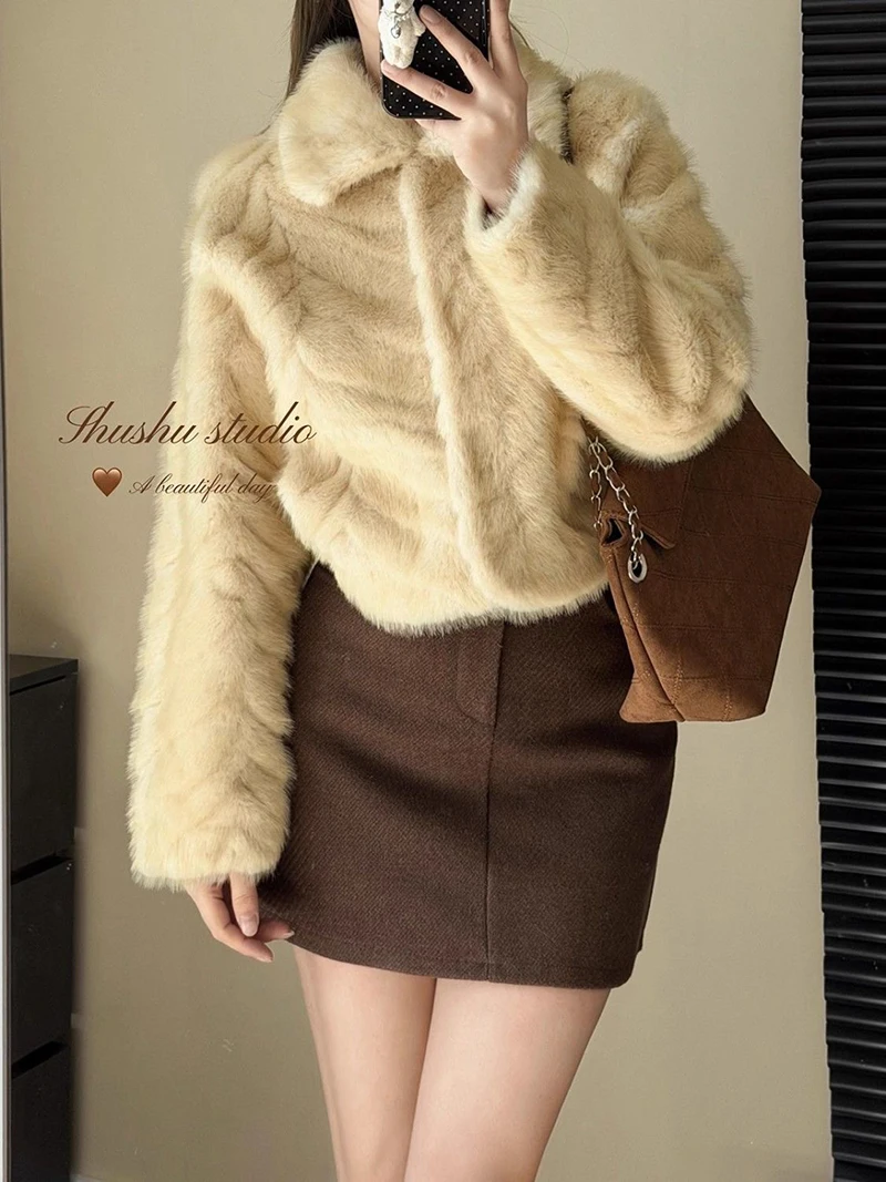 Chic Cream Women Faux Fur Jacket Lapel Collar Button Down Coat Long Sleeve Cropped Loose Luxury Cozy Winter Outerwear Top
