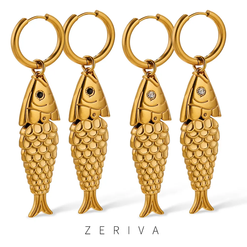 

ZERIVE Stainless Steel Fish Charm Hoop Earrings for Women's Boho Cute Fashion Animal Charm Waterproof 18K Gold Plated Wholesale