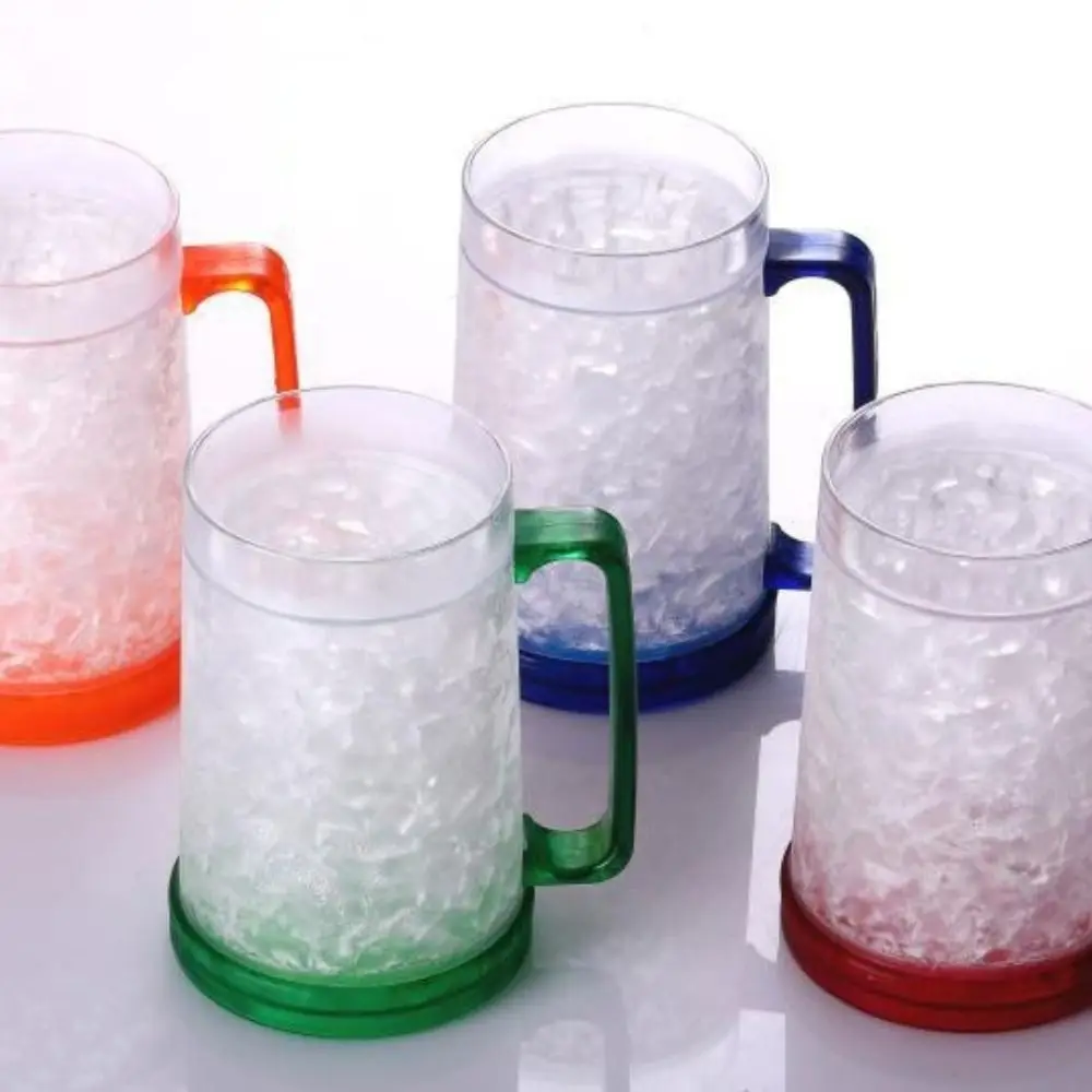 450ML Capacity Freezing Beer Mug Double Wall Structure with Handle Design Double Wall Beer Mug Plastic Clear Transparent Body