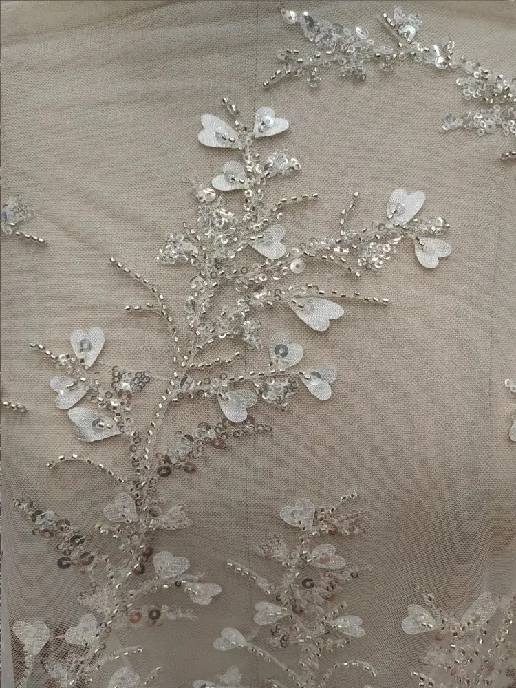 Love Cuttlefish White Sequins Beading Embroidered Bridal Wedding Dress DIY Lace Fabric