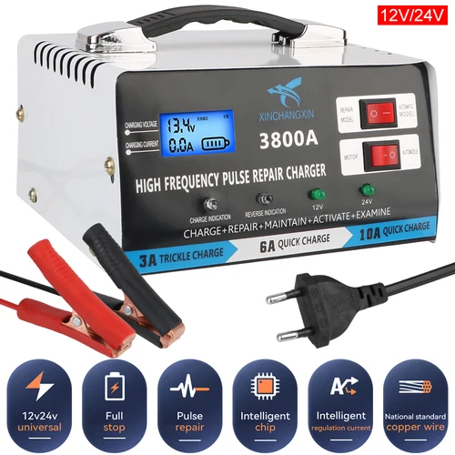 Cargador de batería de coche completamente automático con enchufe europeo, cargador rápido de alta potencia de 12V y 24V, cargador de batería de reparación para batería de plomo y ácido