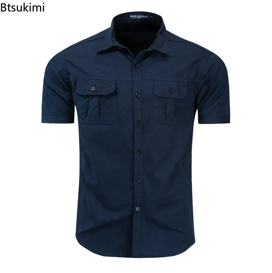 Novo 2025 camisa militar masculina de manga curta verão 100% algodão estilo safari esporte ao ar livre camisas de carga camisa de trabalho masculina simples topos