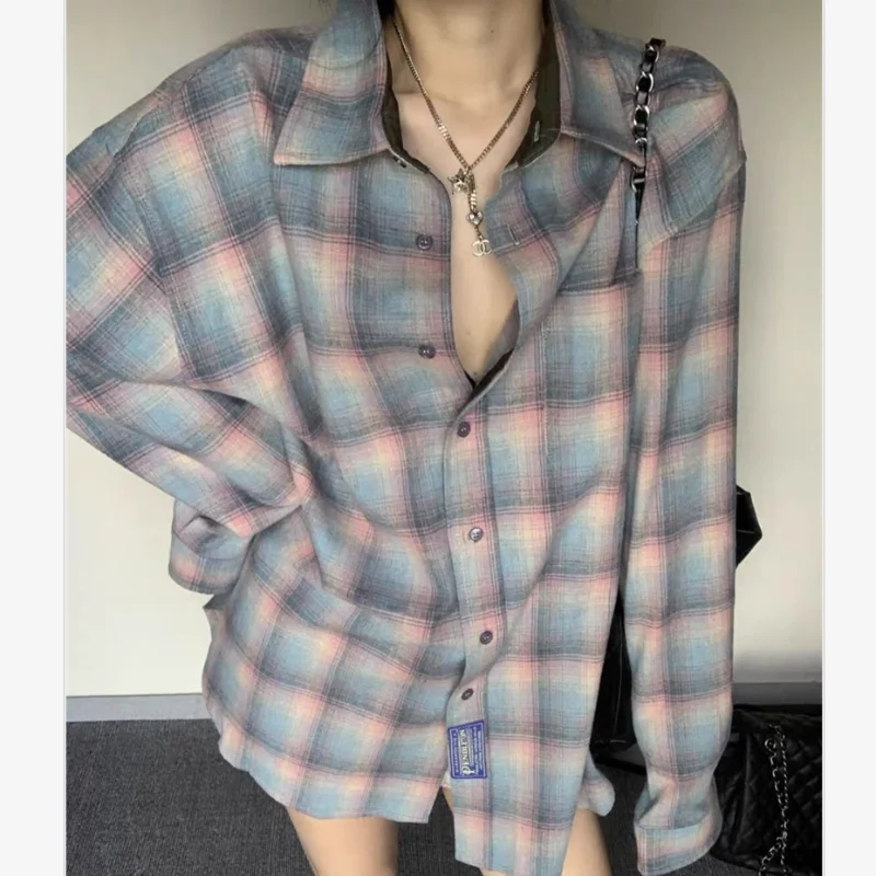 24ss Spring Summer Casual Shirt Long Sleeve Men Women High Quality Pink Plaid 100% Cotton Loose Oversized Streetwear Tops Shirt