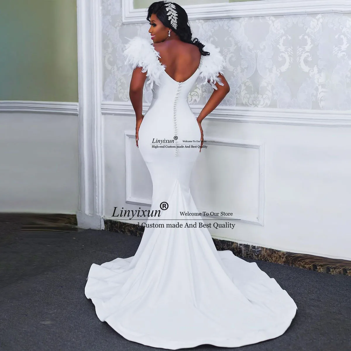 Exquisite Crystal Long Mermaid Wedding Dresses For Black Girl Feather Diamond Bridal Gowns Women Sweep Train robe de mariée