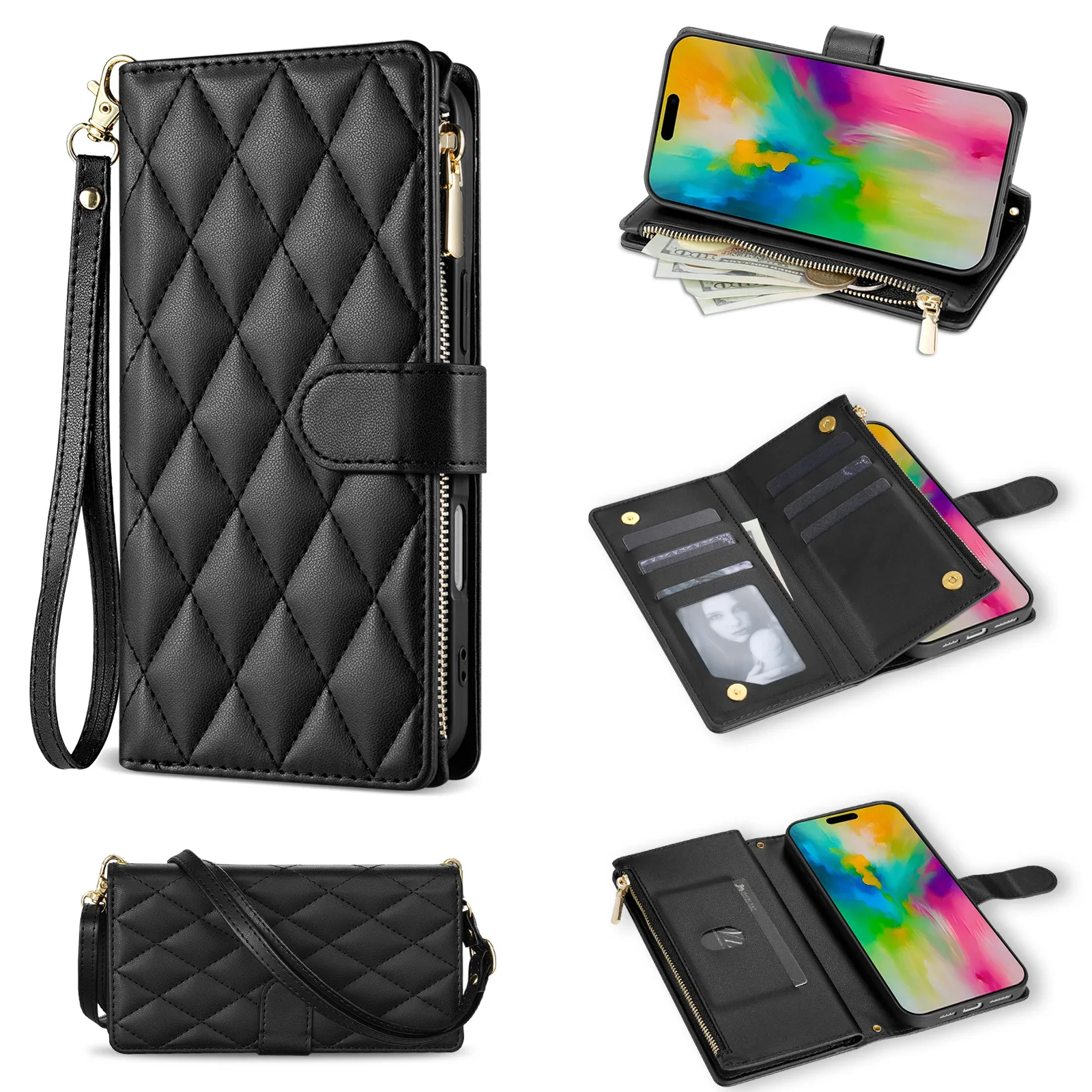 Diamond Grid Lanyard Crossbody Leather Zipper Wallet Case For Samsung Galaxy S25 Ultra S24 Plus S23 FE S22 S21 S20 S10 S9 S8