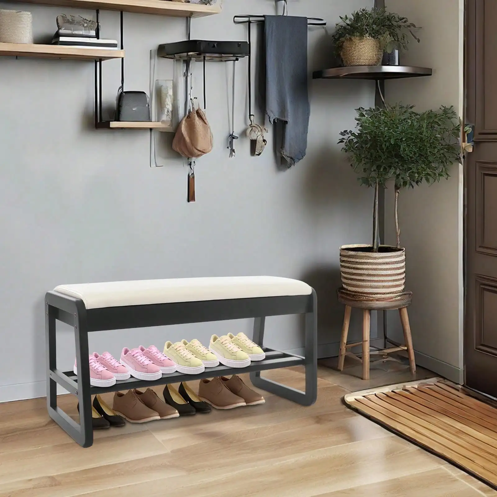 

Двухуровневая скамья-органайзер для обуви со скрытым отделением для хранения, из прочной каучуковой древесины, современный дизайн, идеально подходит для прихожей, вмещает до 2 пар обуви.