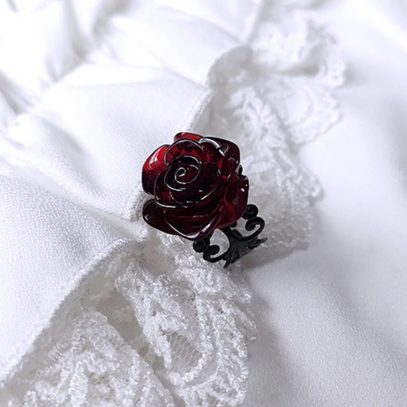 Punk Gothic Red Rose Rings Adjustable Hollow Rings for Women Witch Pagan Vintage Halloween Cool Girl Gift Party Jewelry