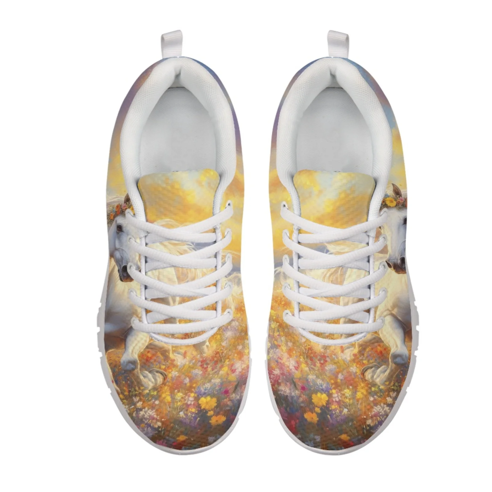Coloranimal White Horse Red Flower Design Sports Shoe Mesh & EVA Sole Fitness Shoes Comfortable Athletic Footwear for Men